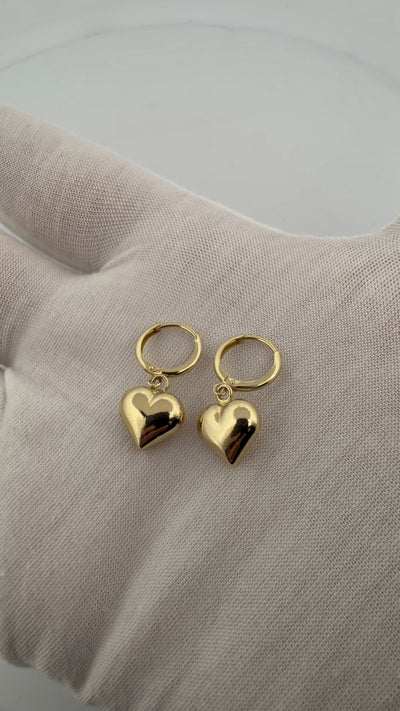 10mm 14k Yellow Gold Huggies w/ Dangle Heart Charms 2.2g