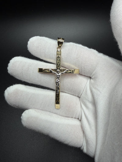 2.5" 14K Yellow Gold Two-Tone Square Cross + Crucifix 7mm Bail 3.32g