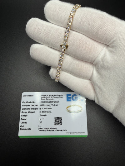 7" 14k Yellow Gold 7.2ctw E-F VS Lab Diamond Tennis Bracelet EGL Certified 3.5mm 8.68g