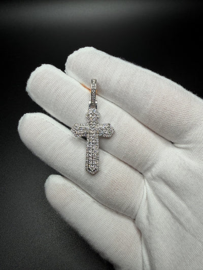 1.75" Silver 1ctw VS/VVS Lab Diamond Beveled Gothic Cross 7mm Bail 3.8g