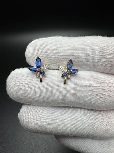 12mm 14k Yellow Gold Sapphire & Natural Diamond Floral Design Fashion Earrings 2.54g