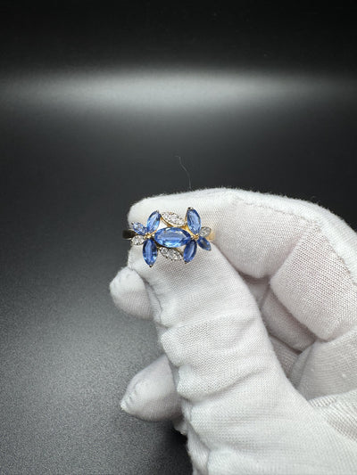 Size 7 14k Yellow Gold Sapphire & Natural Diamond Floral Design Fashion Ring 3.9g