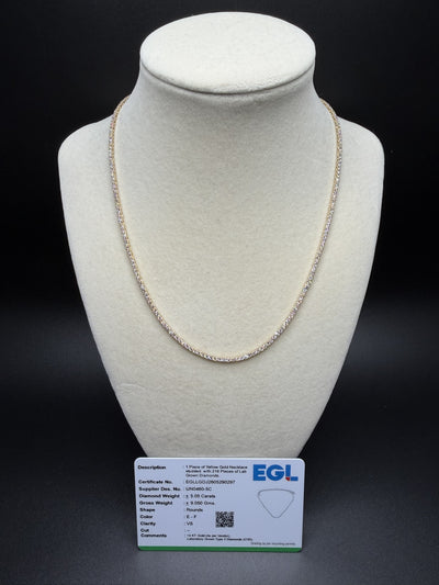 17" 14k Yellow Gold 7.00ctw E-F VS Lab Diamond Tennis Chain EGL Certified 2.2mm 11.16g