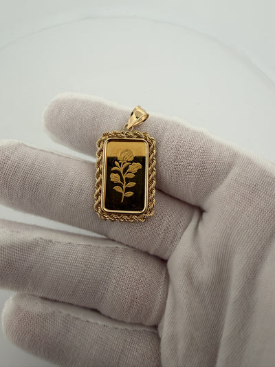 5g 24K Pamp Rose Bar in 14K Yellow Gold Rope Bezel 5mm Bail 8.0g