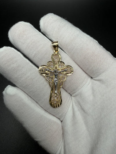 2" 14K Yellow Gold Two-Tone Filigree Crucifix Pendant 5mm Bail 3.25g