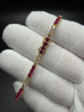 7" Gold over Silver 3ctw Lab Diamond & Ruby Alternating Tennis Bracelet 3mm 7g