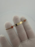 6" 14K Yellow Gold Rolo Link Baby ID Bracelet with Red Clovers 2mm 1.6g