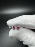 6mm 14k White Gold Natural Ruby Studs with Natural Diamond Halo 1.4g