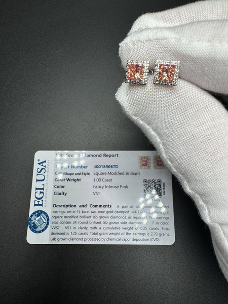7mm 14k White gold 1.25ctw EGL Certified Lab Diamond Cluster Studs (1ctw Fancy Intense Pink VS1 Square Modified Brilliant & .25ctw E VVS2 Round Brilliant) 2.67g