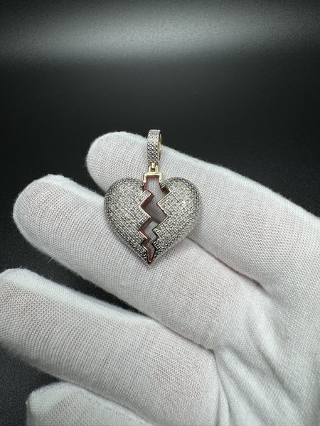 1.5” 10k Yellow Gold est 1/2ctw Natural Diamond Broken Heart Pendant Red Enamel 5.6mm Bail 8.81g
