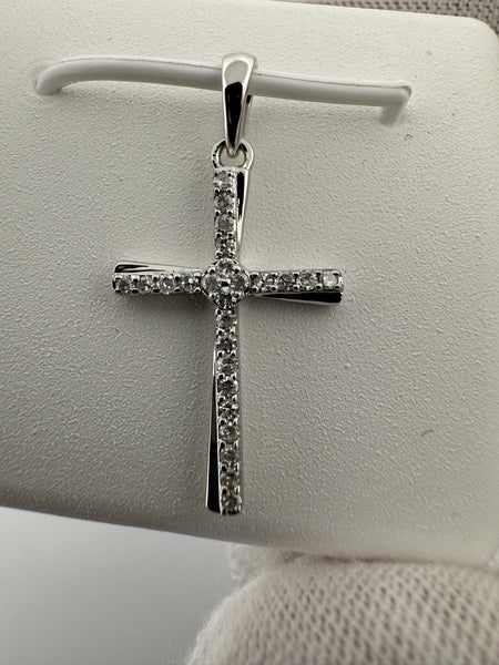 1” 10k White Gold Cross 1/8ctw Natural Diamonds 2.2mm Bail .7g