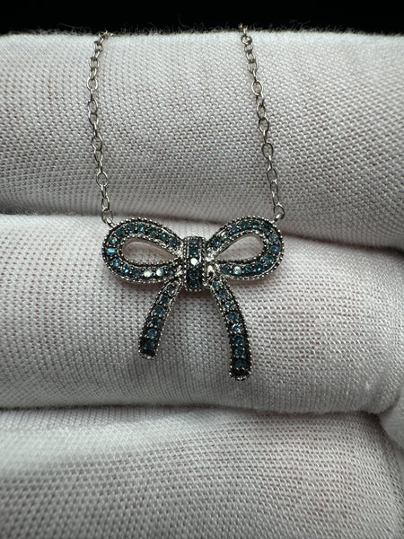 18” Silver Chain & 1/4ctw Natural Blue Diamond Bow Pendant 2.8g