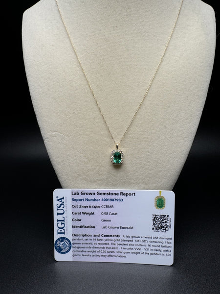 18” 14k Yellow Gold Chain & 1ct Lab Emerald Pendant with .2ctw E VVS2 Lab Diamond Halo EGL Certified 1.6g
