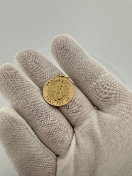 1” 14k Yellow Gold Circular St Michael Pendant 3mm Bail 4.3g
