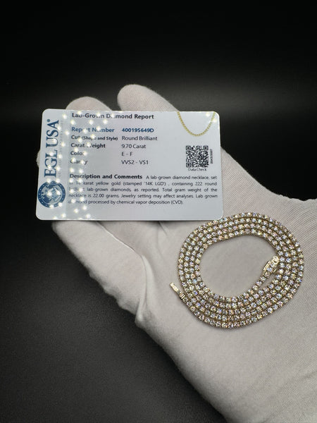 22” 14k Yellow Gold 9.7ctw E VVS2 Lab Diamond Tennis Chain EGL Certified 22.05g