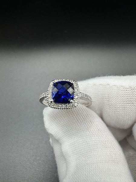 Size 7 14k White Gold 7mm Cushion Cut Blue Lab Sapphire & .15ctw Natural Diamond 2.6g