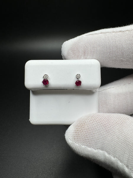 14k White Gold Ruby & Natural Diamond Drop Studs .7g