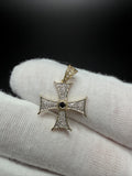 1" 10k Yellow Gold Maltese Cross 1/4ctw Natural Diamond w/ Sapphire Center Pendant 4mm Bail 1.74g