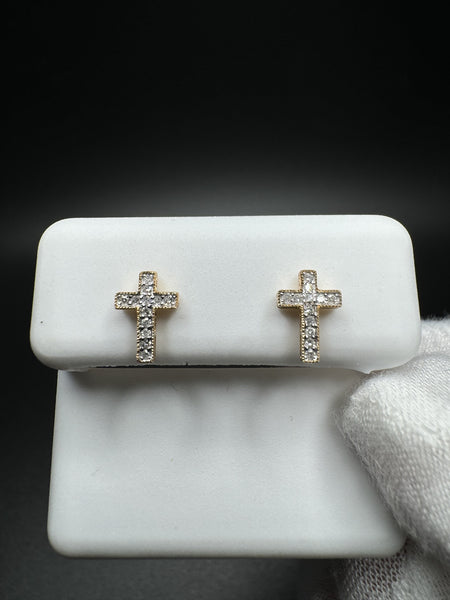 10mm 10k Yellow Gold Natural Diamond Cross Studs .8g