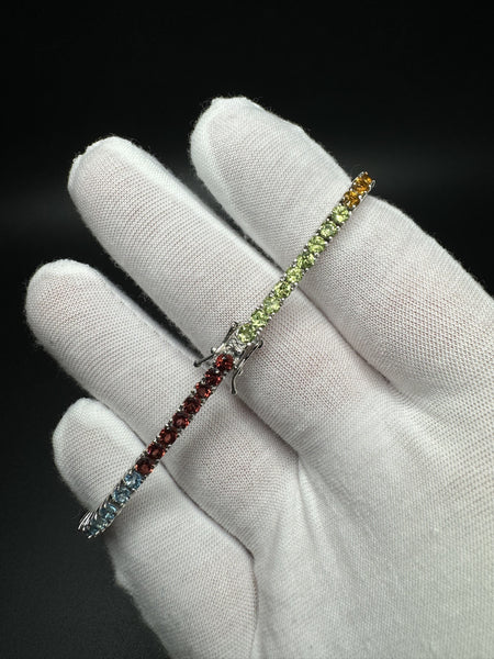 7.5” Silver 3mm Multi Gemstone Rainbow Tennis Bracelet 13g