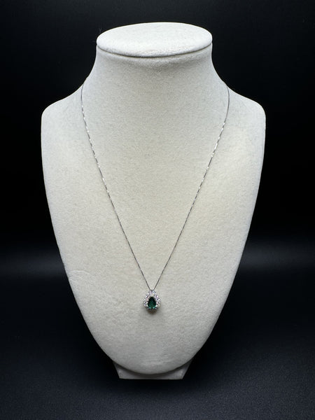 18” 14k White Gold Box Chain & Pear Shape Lab Emerald Pendant with .4ctw Lab Diamonds 2.5g