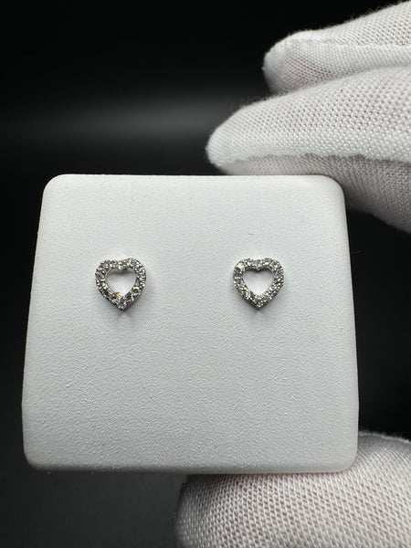 6mm 10k White Gold Heart Shaped Outline Studs 1/8ctw Natural Diamonds .6g