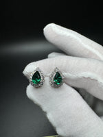 14k White Gold 5x7mm Pear Lab Created Emerald & 4/10ctw Lab Diamond Studs 2.54g