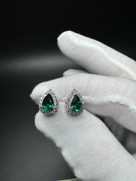 14k White Gold 5x7mm Pear Lab Created Emerald & 4/10ctw Lab Diamond Studs 2.54g