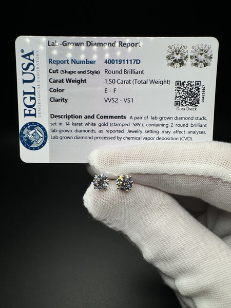 14k White Gold 1.5ctw EGL Certified Lab Diamond Studs
