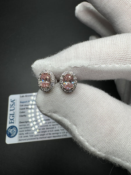 9x7mm 14k White Gold EGL Certified 1.05ctw Fancy Pink VS1 Oval Lab Diamond Studs with .25ctw E VVS2 Lab Diamond Halo 3.3g
