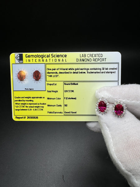 14k White Gold 7x5mm Lab Ruby Studs with 1/3ctw Lab Diamond Halo Fully Certified 2.1g