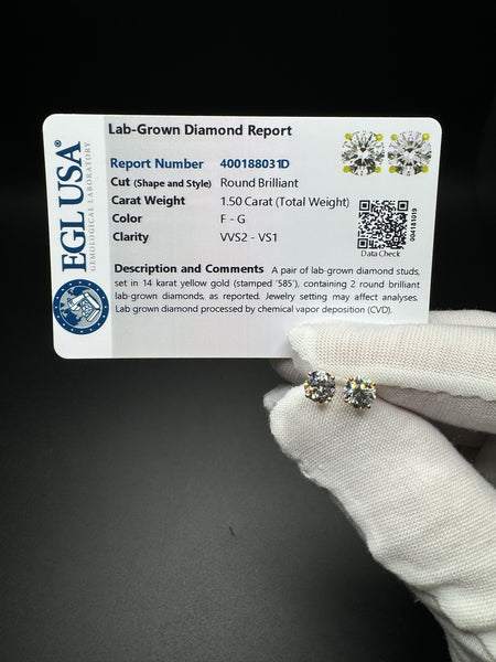 14k Yellow Gold 1.5ctw EGL Certified Lab Diamond Studs