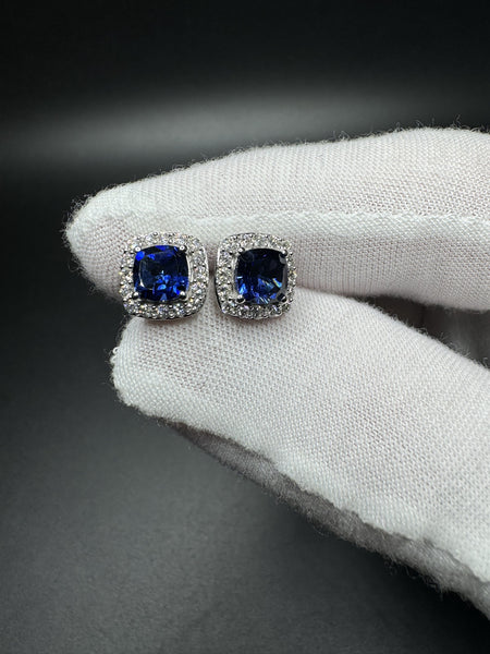 10mm 14k White Gold 6mm Lab Sapphire with 1/2ctw Lab Diamond Halo GSI Certified 3.4g