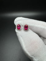 14k White Gold 7x5mm Lab Ruby Studs with 1/3ctw Lab Diamond Halo Fully Certified 2.1g