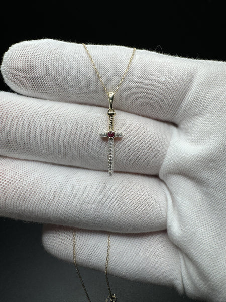 18” 10k Yellow Gold chain & 1.25” 1/10ctw Natural Diamond Dagger with Ruby Handle