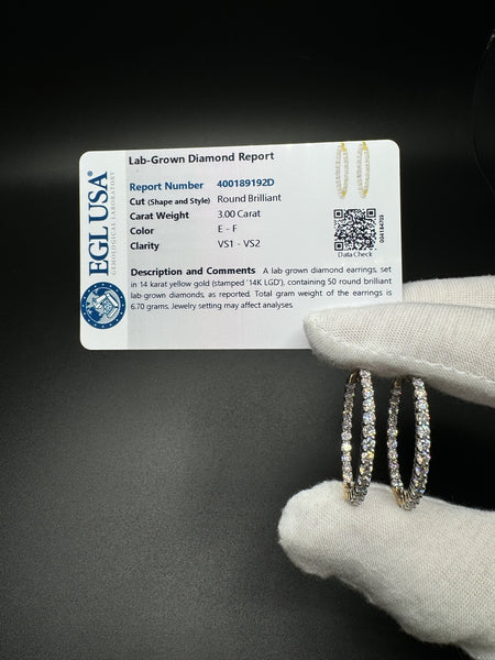 30mm 14k Yellow Gold 3ctw E VS1 EGL Certified Lab Diamond Inside Out Hoops 6.9g