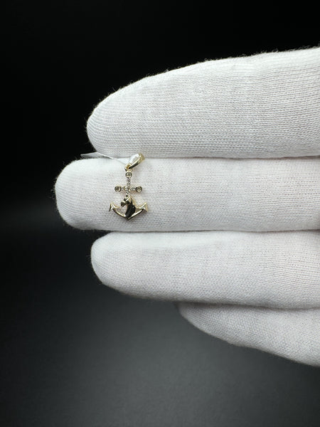 3/4” 10k Yellow Gold & Natural Diamond Anchor Cross 2.2mm Bail 0.9g