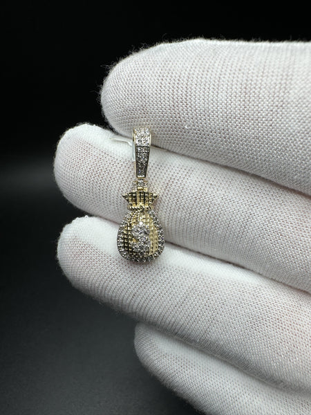 1” 10k Yellow Gold Iced Out Money Bag 1/4ctw Natural Diamond 5.4mm Bail 2.1g