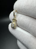 1” 10k Yellow Gold Iced Out Money Bag 1/4ctw Natural Diamond 5.4mm Bail 2.1g