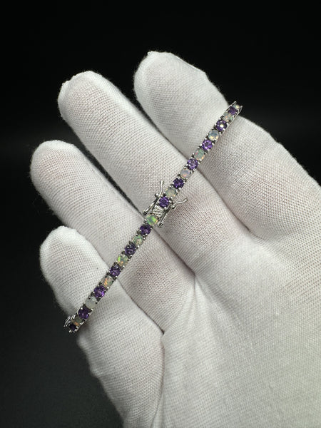7.5” Silver 3mm Amethyst & Opal Tennis Bracelet 12g