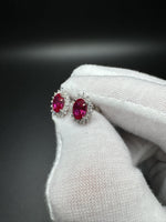 14k White Gold 7x5mm Lab Ruby Studs with 1/3ctw Lab Diamond Halo Fully Certified 2.1g