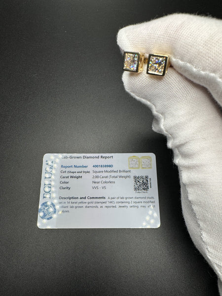 14k Yellow Gold 2ctw EGL Certified Bezel Set Square Modified Brilliant Lab Diamond Studs