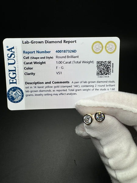 14k Yellow Gold 1ctw EGL Certified Round Bezel Set Lab Diamond Studs