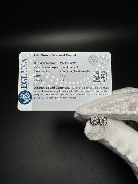 14k White Gold 1ctw EGL Certified Round Bezel Set Lab Diamond Studs
