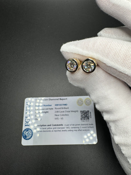 14k Yellow Gold 2ctw EGL Certified Round Bezel Set Lab Diamond Studs