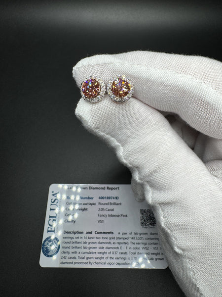 9.5mm 14k White Gold 2.42ctw (2.05ctw Fancy Intense Pink VS1 Round Brilliant Lab Diamond & .37ctw E VVS2 Lab Diamond) EGL Certified Cluster Studs 3.84g