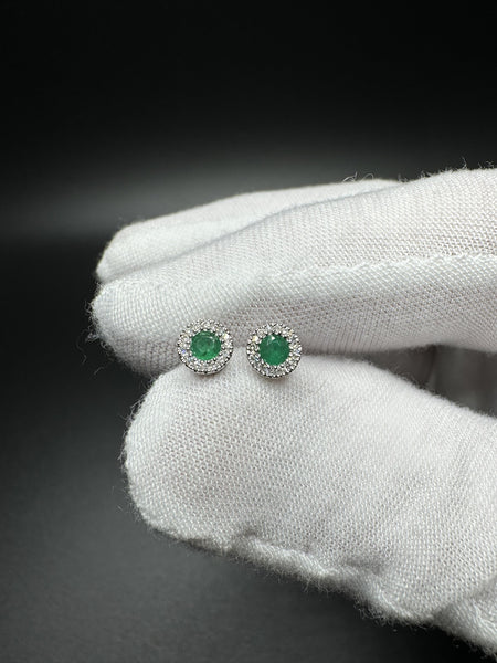 6mm 14k White Gold Natural Emerald Studs with Natural Diamond Halo 1.4g
