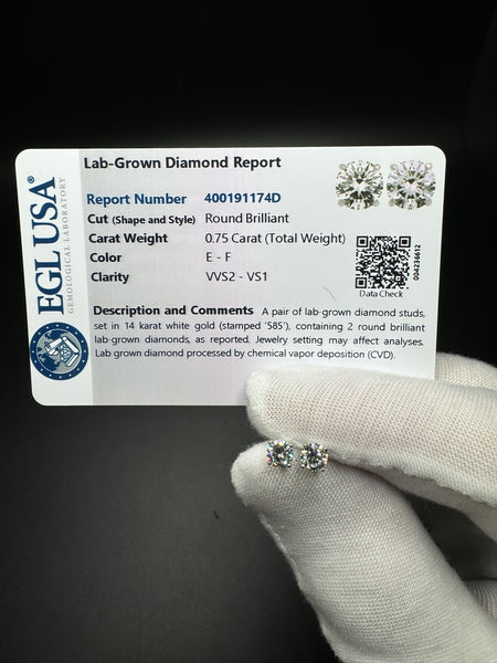 14k White Gold 0.75ctw EGL Certified Lab Diamond Studs