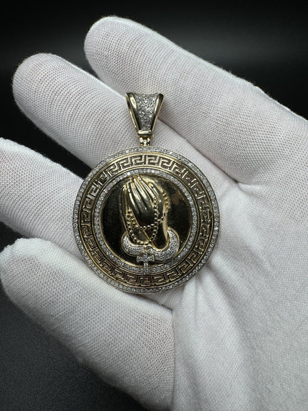 2” 14k Yellow Gold Circular Greek Praying Hands with Rosary est 1ctw Natural Diamonds 6mm Bail 13.2g