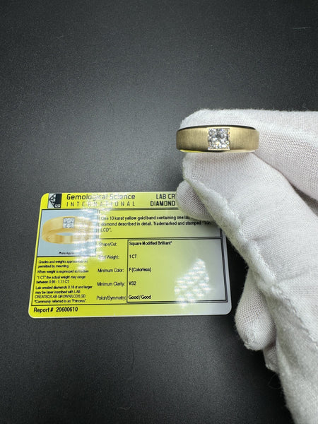 Size 10 10k Yellow Gold Brushed Finish GSI Certified 1ct F VS Solitaire Square Brilliant Men’s Ring 6.3g